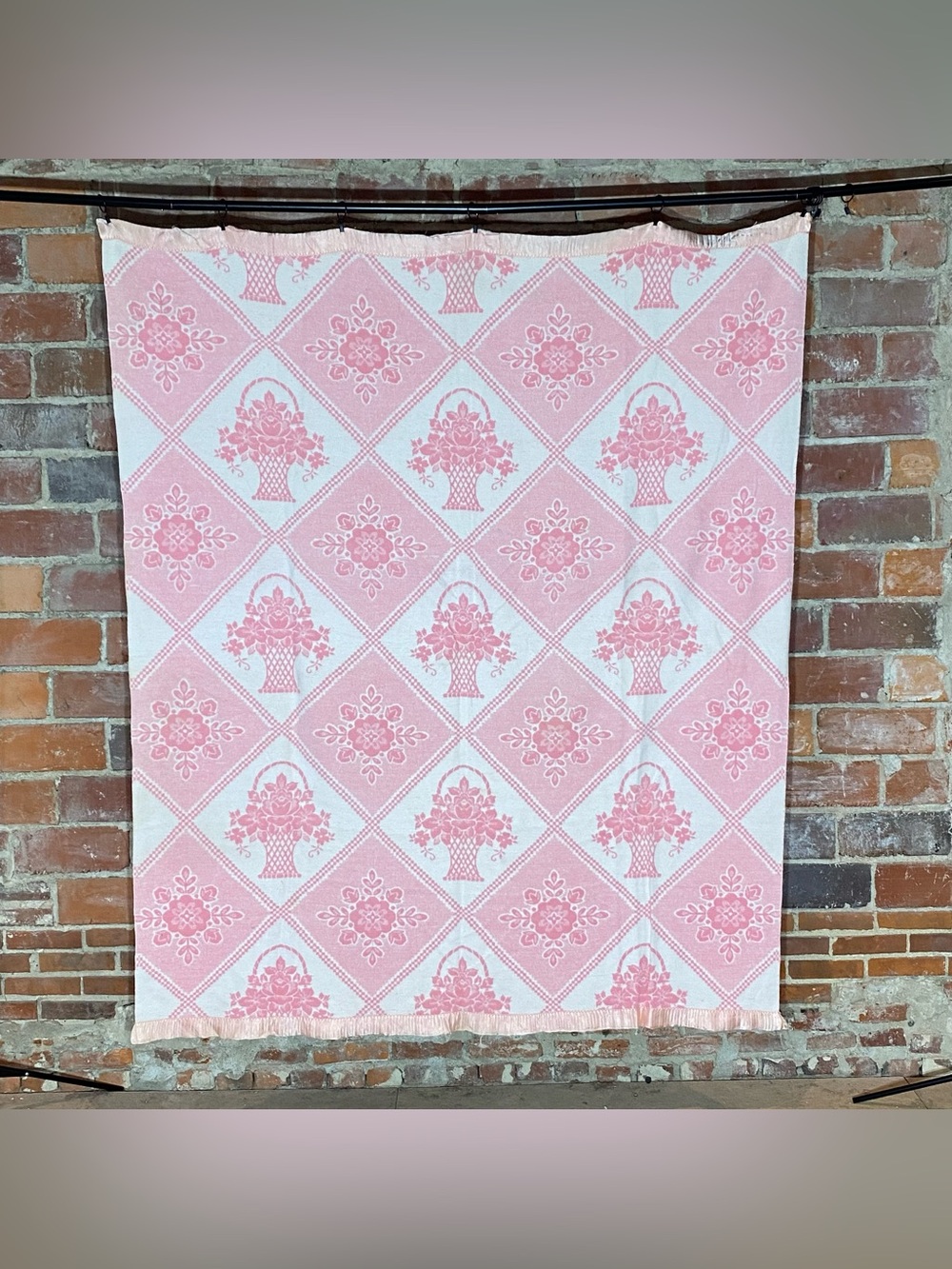 Vintage Pink Floral/Flower Basket Camp Blanket 65” x 78”Satin Trim